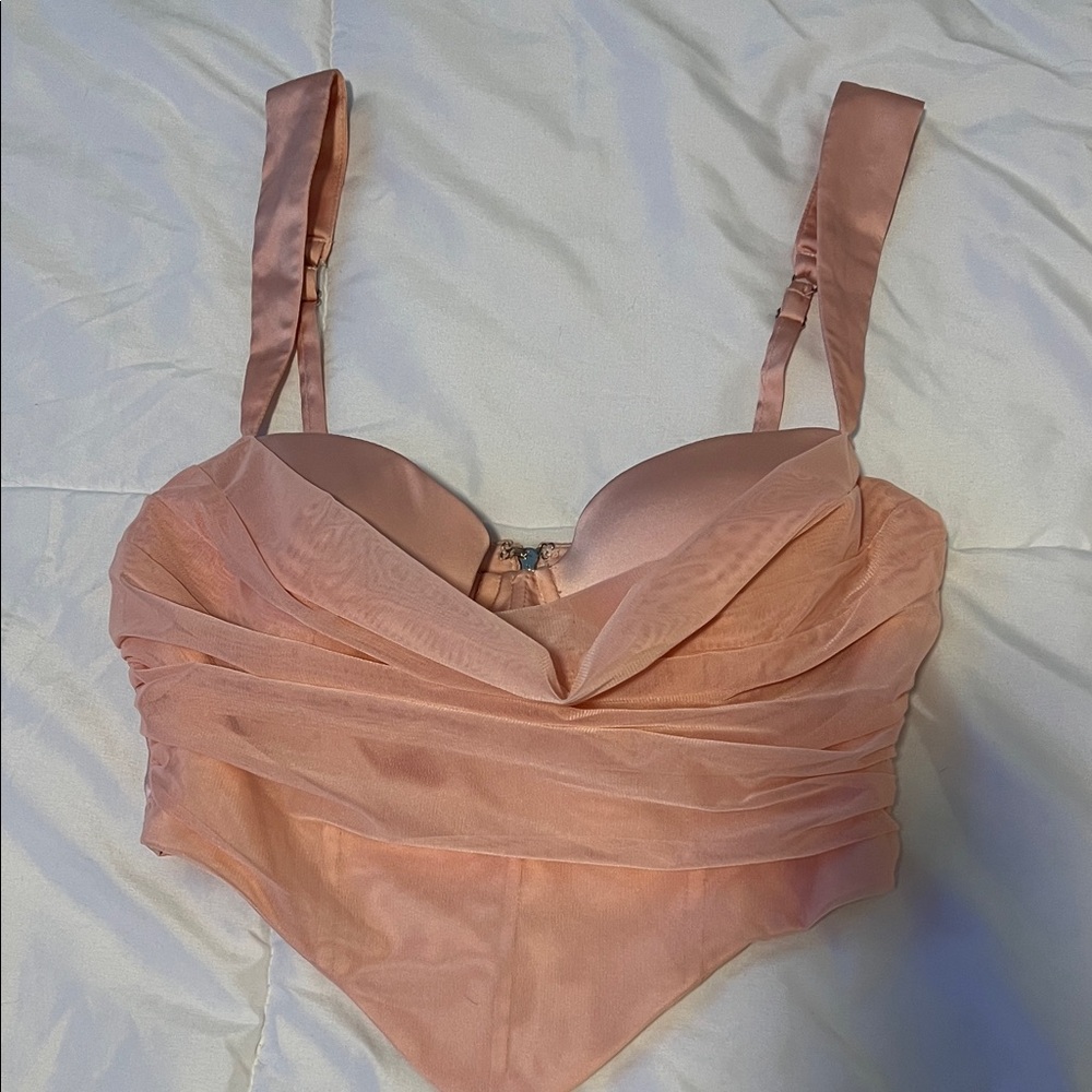 Oh Polly Blush Sweetheart Neckline Corset Crop Top with Mesh Overlay- Size US 4